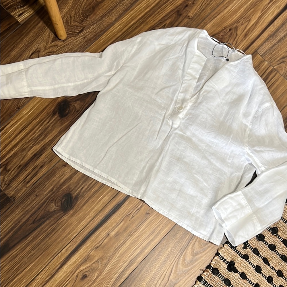NWOT Zara linen White Boxy Button Down Shirt with Mandarin Collar